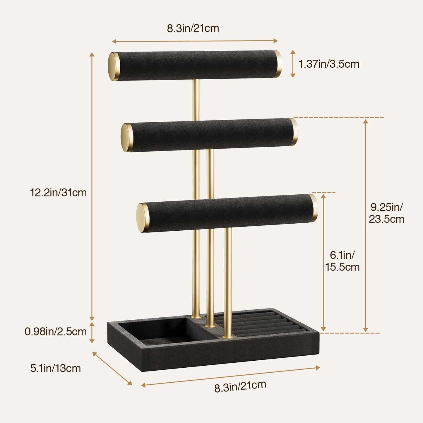 3 Tier Bracelet Holder Display - Detachable T Bar Black Velvet Bracelet Holder, Jewelry Holder Organizer for Bracelet, Necklace, Watches, Rings