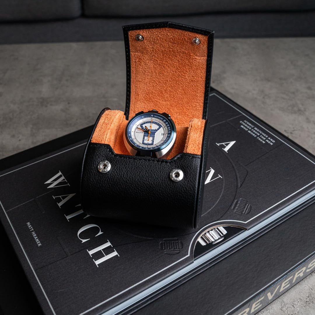 DailyWatch | Watch Roll Travel Case For 1 Watch | Luxury Watch Case In Genuine Black Leather With Soft Velvet Interior | Watch Case Protect, Store, & Display Your Watches | Black Orange