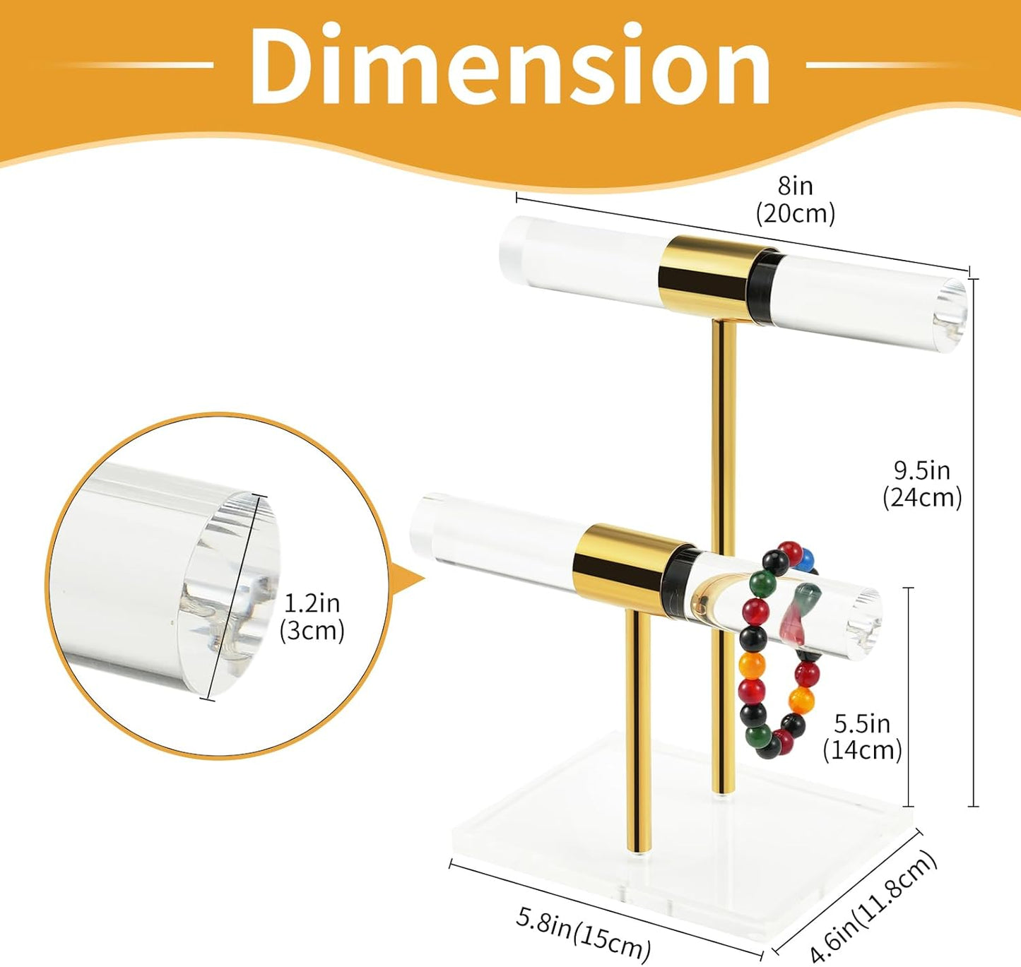 Acrylic Bracelet Holder, Necklace Holder Display Stand, 2 Tier T-Bar Jewelry Organizer, Stainless Rod Tangle-free Countertop Jewelry Rack for Vendors Retail Store Home, Gfit for Women