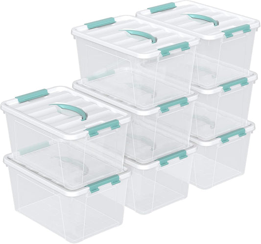 14 Qt Stackable Plastic Storage Bins with White Lids, Clear Latching Storage Organizer Box, 8 Packs
