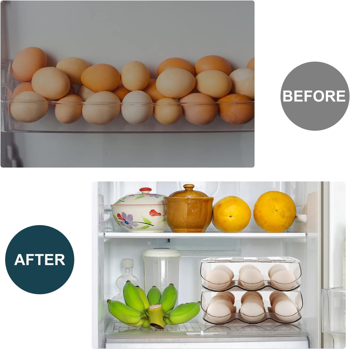 Egg Holder for Fridge, Automatically Rolling Egg Storage Container for Refrigerator,Large Capacity Egg Organizer for Fridge with Lid,Clear Plastic Dispenser, Tray & Bin -2 Layer