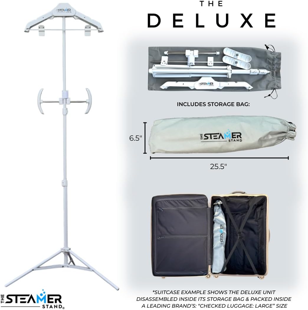 Deluxe | Adjustable Standing Garment Steaming Rack with Hanger | Fast, Foldable, Portable Clothes Steam Ironing Solution for Travel & Home