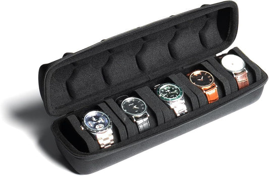 Hard Watch Travel Case, 5 slot Watch Roll Case Storage and Organizer for Men and Women, with anti-move watch pillow