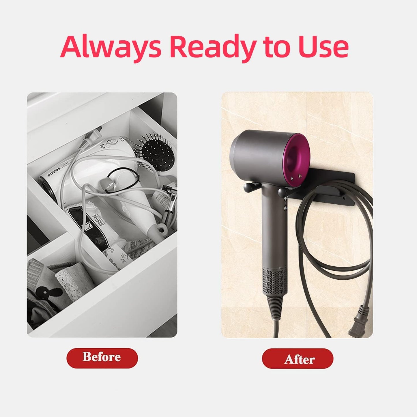 Hair Dryer Holder Wall Mounted, Self Adhesive Blow Dryer Holder Hair Dryer Organizer Hair Dryer Holder Wall Mounted Compatible with Dyson Blow Dryer Black Banjekt