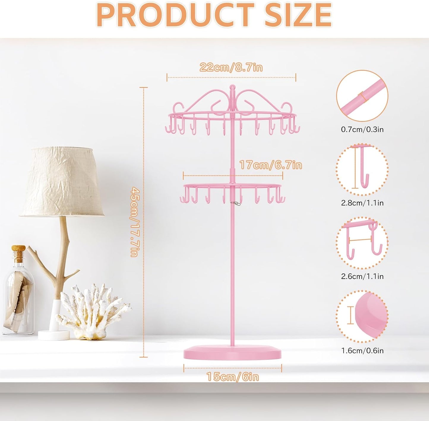 iDavosic.ly 2 Tier Rotating Necklace Holder Organizer with 42 Hooks, Adjustable Metal Bracelet Display Stand Rack, Extra Tall Keychain Spinning Tree Tower for Women, Pink