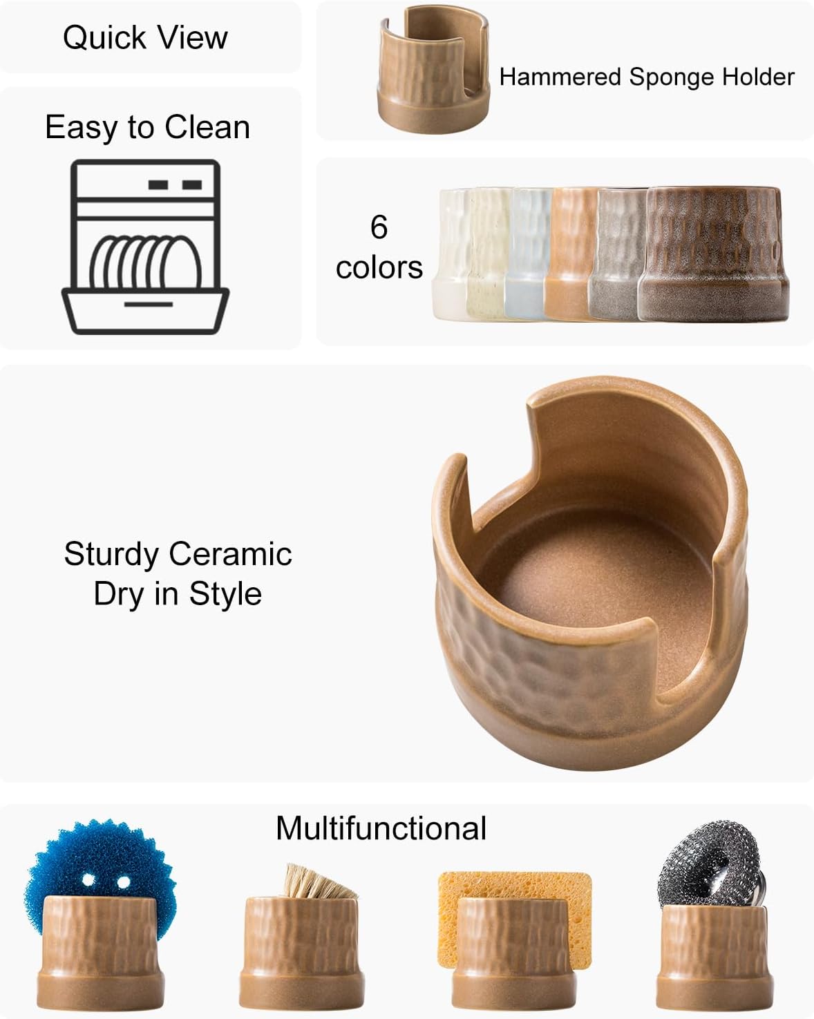 Sponge Holder for Kitchen Sink, Ceramic Sink Caddy Scrub Sponge Tray Dish Rack for Scrubbers, Kitchen Organizer, Brown