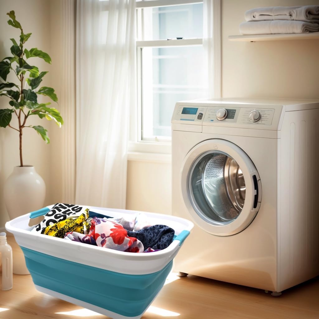 SAMMART 41L (10.8 gallon) Collapsible Plastic Laundry Basket-Foldable Pop Up Storage Container/Organizer-Portable Washing Tub-Space Saving, Water capacity: 32L (8.4 gallon) (Rectangular, Bright Blue)