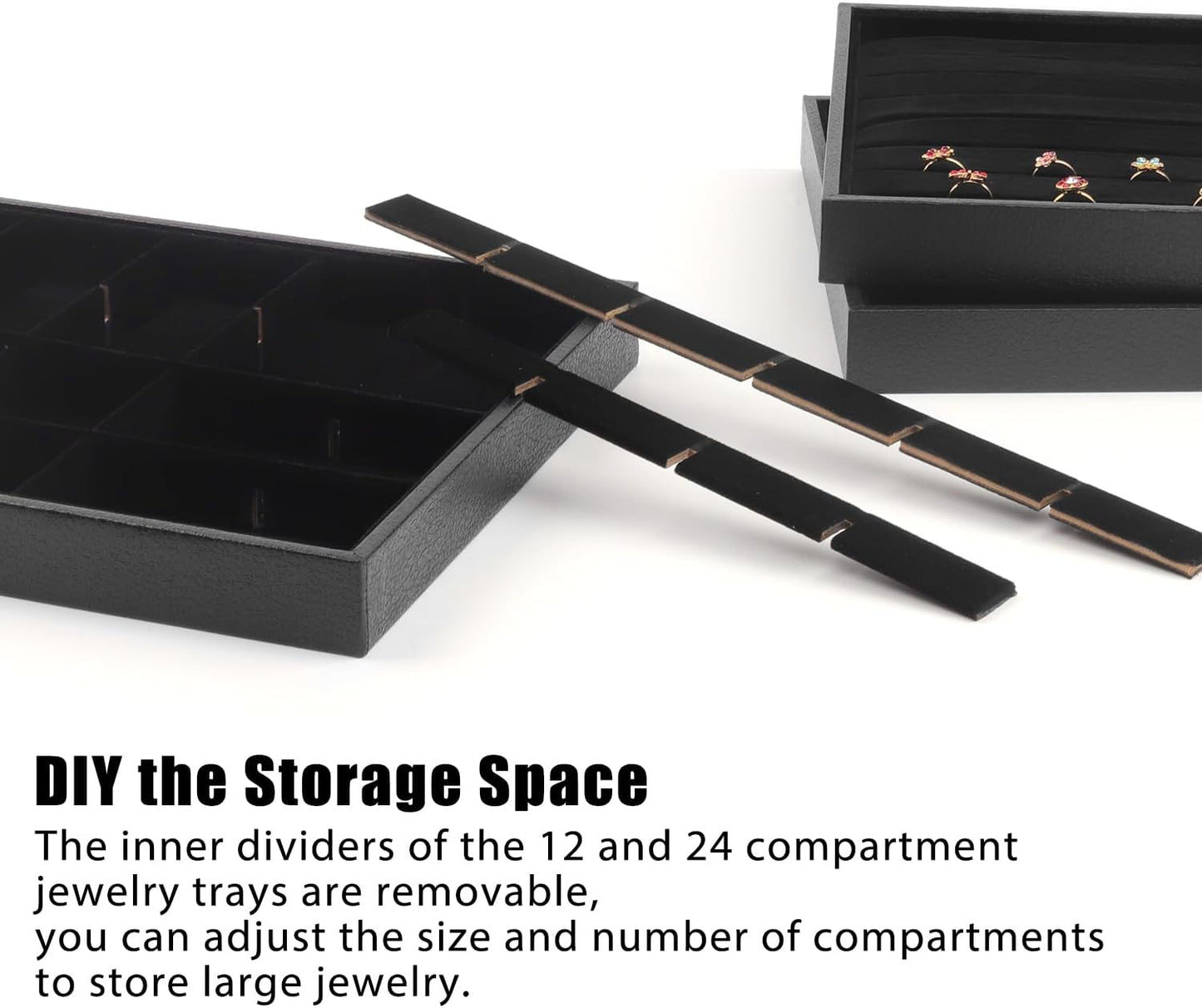 Rocutus Jewelry Trays,3 Pack Stackable Velvet Jewelry Organizer Tray Drawer Jewelry Storage Tray,Divided Ring Organizer Tray for Earrings, Necklaces, Bracelets,13.8"x9.5"x1.2" (Black)