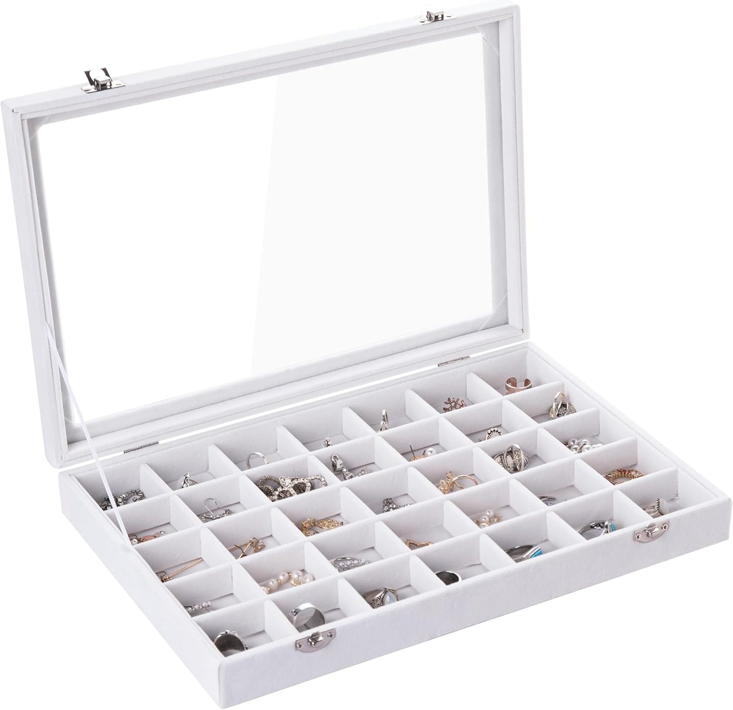 Frebeauty Velvet Jewelry Tray,35 Grid Jewelry Organizer with Clear Lid,Earring Holder Organizer Case with Clasp,Drawer Insert for Rings Studs,13.8 x 9.5 x 2 Inches,Gift for Women Girls(White)