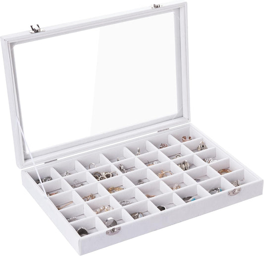 Frebeauty Velvet Jewelry Tray,35 Grid Jewelry Organizer with Clear Lid,Earring Holder Organizer Case with Clasp,Drawer Insert for Rings Studs,13.8 x 9.5 x 2 Inches,Gift for Women Girls(White)