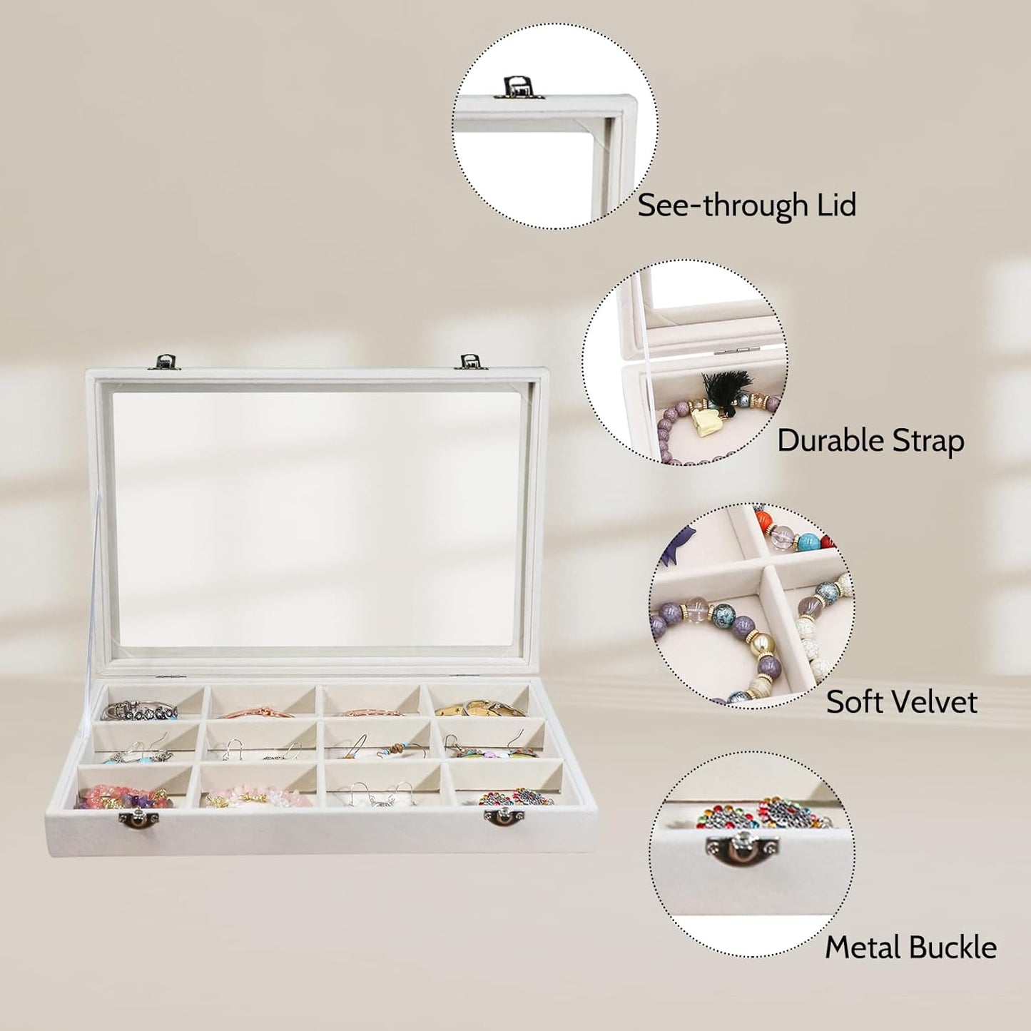 Stratalife Jewelry Organizer Bracelet Organizer Storage Box 12 Grid Stackable Jewelry Tray with Lid Velvet Jewelry Box for Drawer Necklace Bracelet Display Storage Organizer Box (Beige)