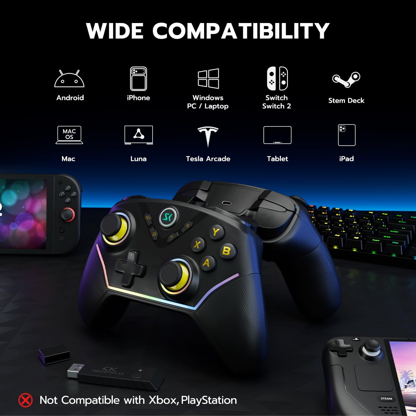 ISHAKO PC Gaming Controller - Wireless/Bluetooth Controller with 1200mAh Battery, 4-Back Buttons, Hall Effect Joysticks&Triggers, Work for Windows PC, Steam, Luna, Tesla, Mac, Android and Switch - Black