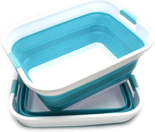 SAMMART Set of 2-41L(10.8 gallon) Collapsible Plastic Laundry Basket-Pop Up Storage Container-Portable Washing Tub-Space Saving Hamper, Water capacity:32L(8.4 gallon) (2 rectangular, Bright Blue)