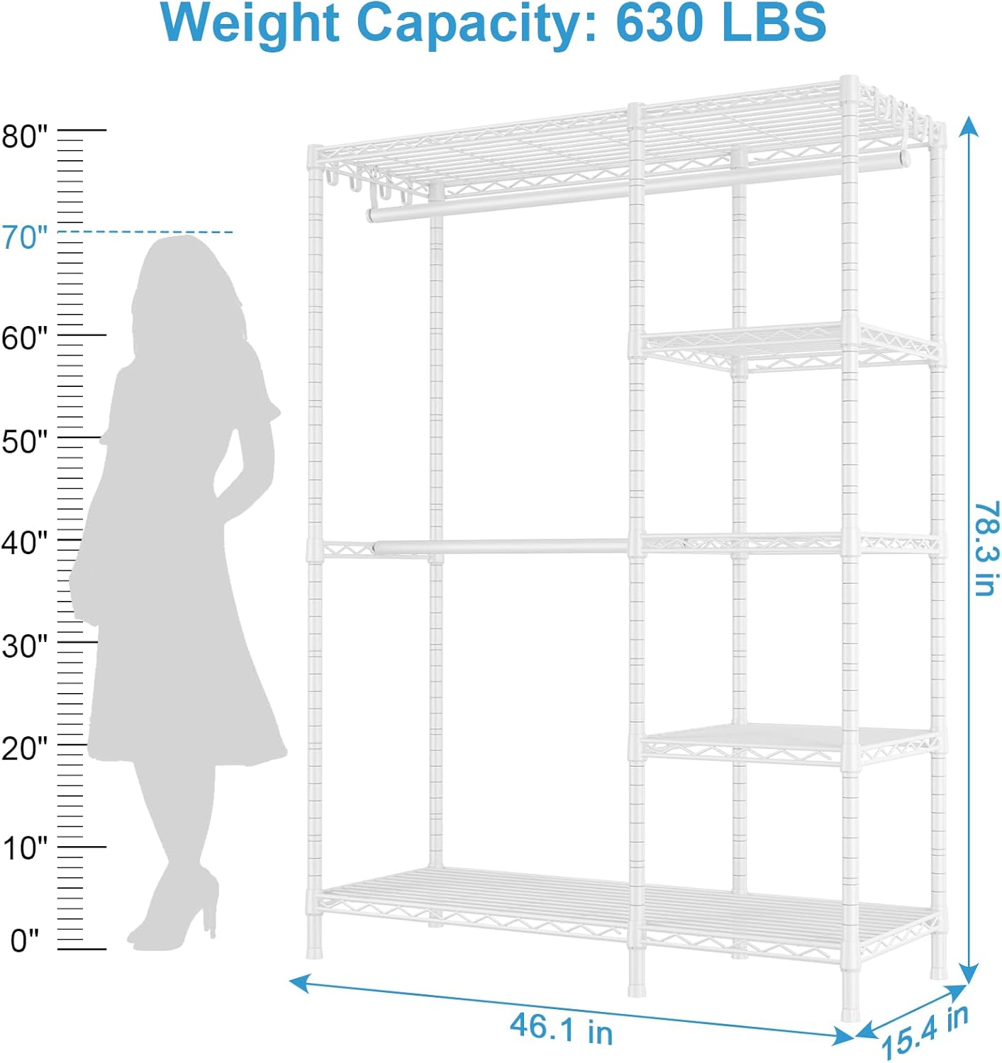 Ulif F2 Clothes Rack, 5 Tiers Heavy Duty Garment Rack for Bedroom, Freestanding Adjustable Closet Storage Organizer, 46.1" W x 15.4" D x 78.3" H, Load 630lbs, Upgraded White