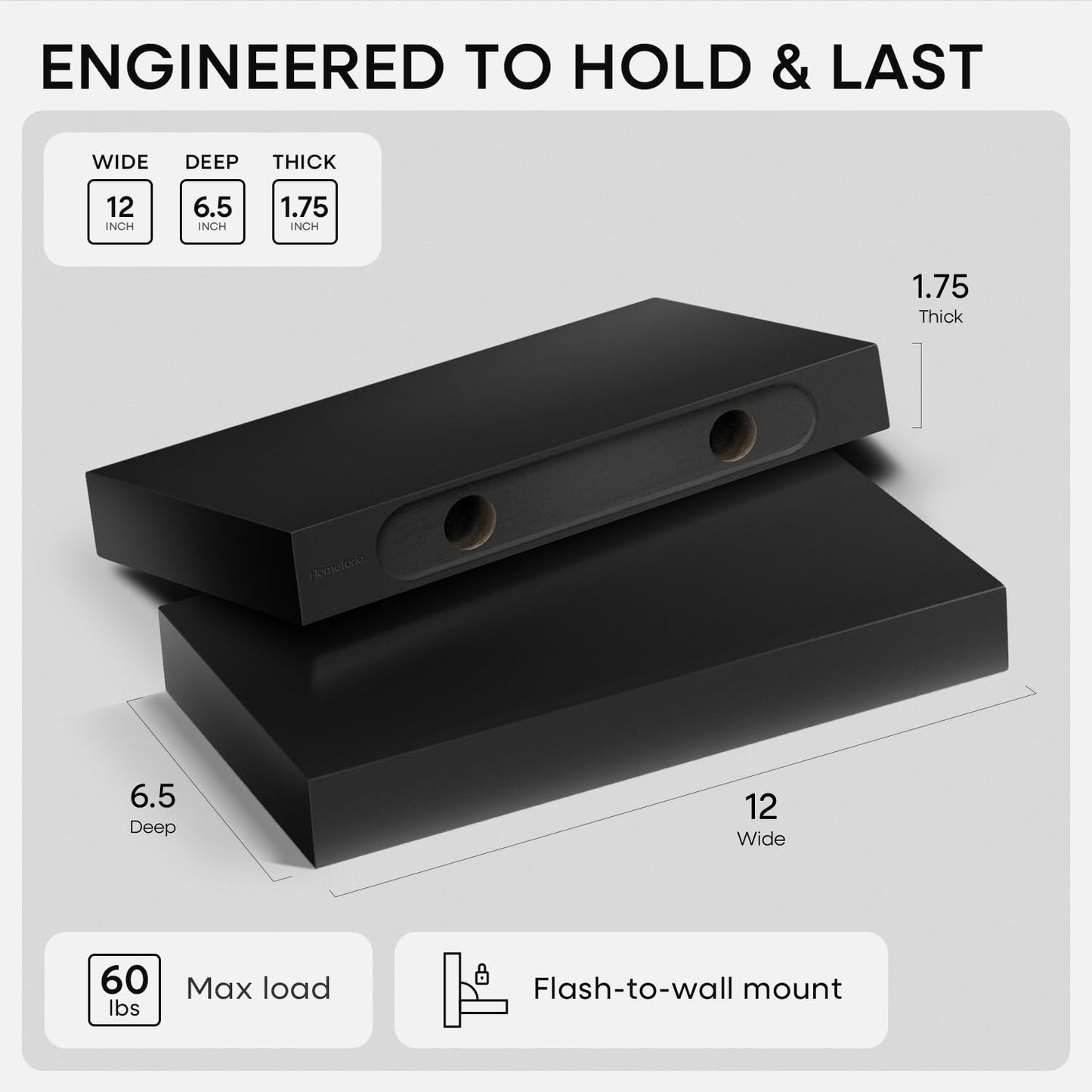 Homeforia Floating Shelf Black 12 inch, High End Solid Real Wood Small 12inch Floating Shelves for Wall Mounted, Black Wooden 12 in Floating Shelves, Heavy Duty Bracket, 12 X 6.5 X 1.75 inch, Set of 3