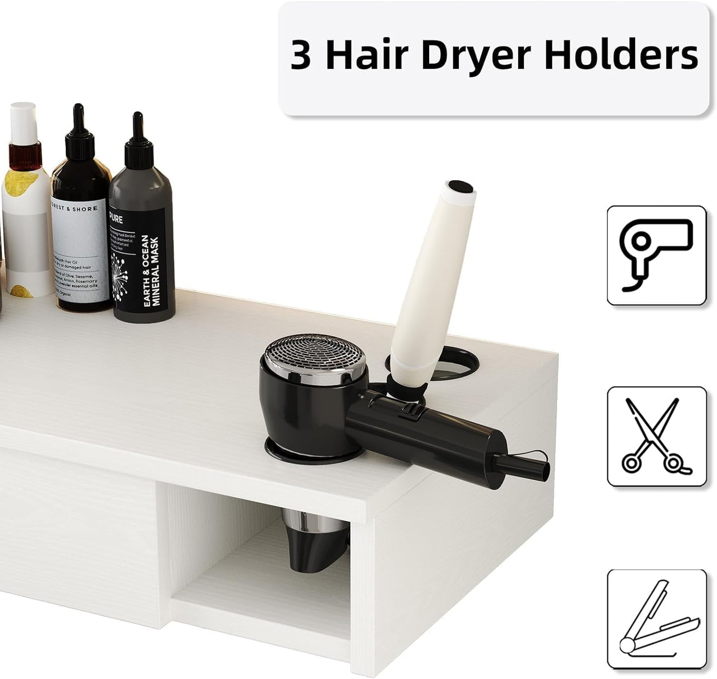 4ever2buy Salon Stations for Hair Stylist, Wall Mount Barber Station with Barber Cabinet, Hair Station Equipment Hair Dryer Holder, Drawers, Mirror not Included, White