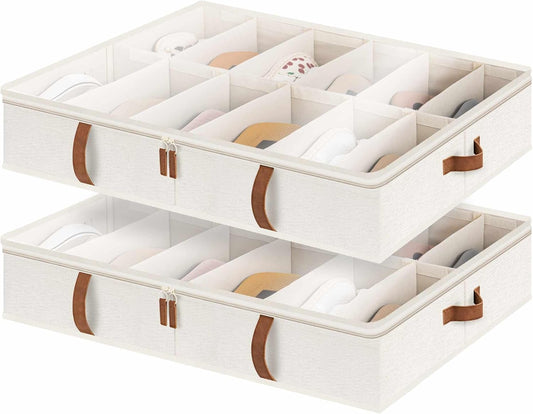 StorageWorks Shoe Organizer for Closet, Fits up to 24 Pairs, 2-Pack Ultra-thick Fabric Under Bed Shoe Storage Containers with Bottom Support and Adjustable Dividers, Beige