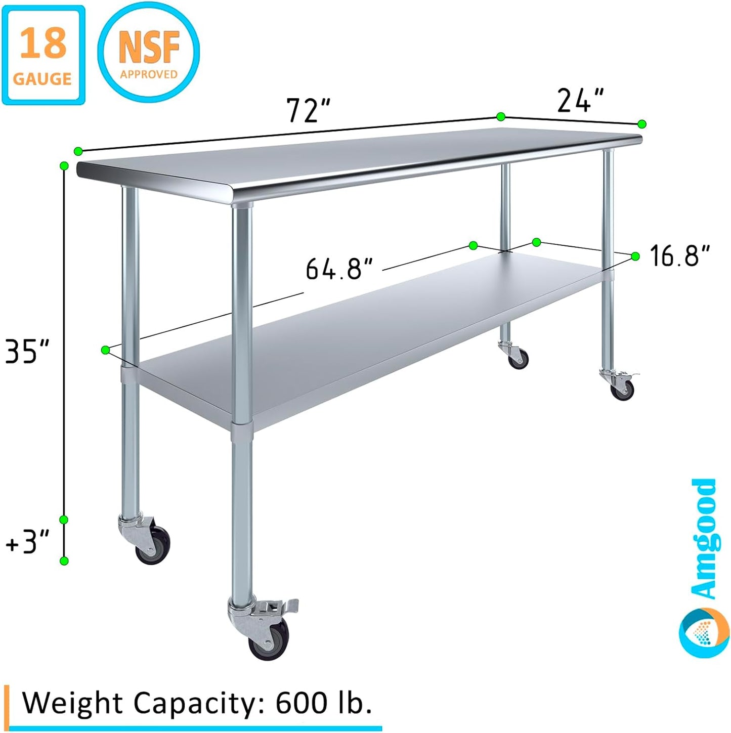 AmGood 24" x 72" Stainless Steel Work Table with Casters | Heavy Duty Metal Utility Table On Wheels | Kitchen Island Cart