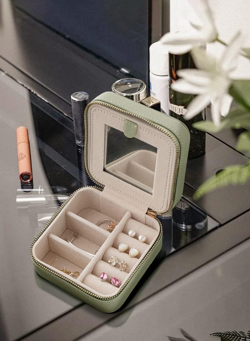 S.Leaf Travel Jewelry Organizer Boxes for Women Small Portable Necklace Earrings Bracelet Rings Travel Case Best Friend Birthday Gifts for Women Trendy (01_Lychee_Sage_Green)