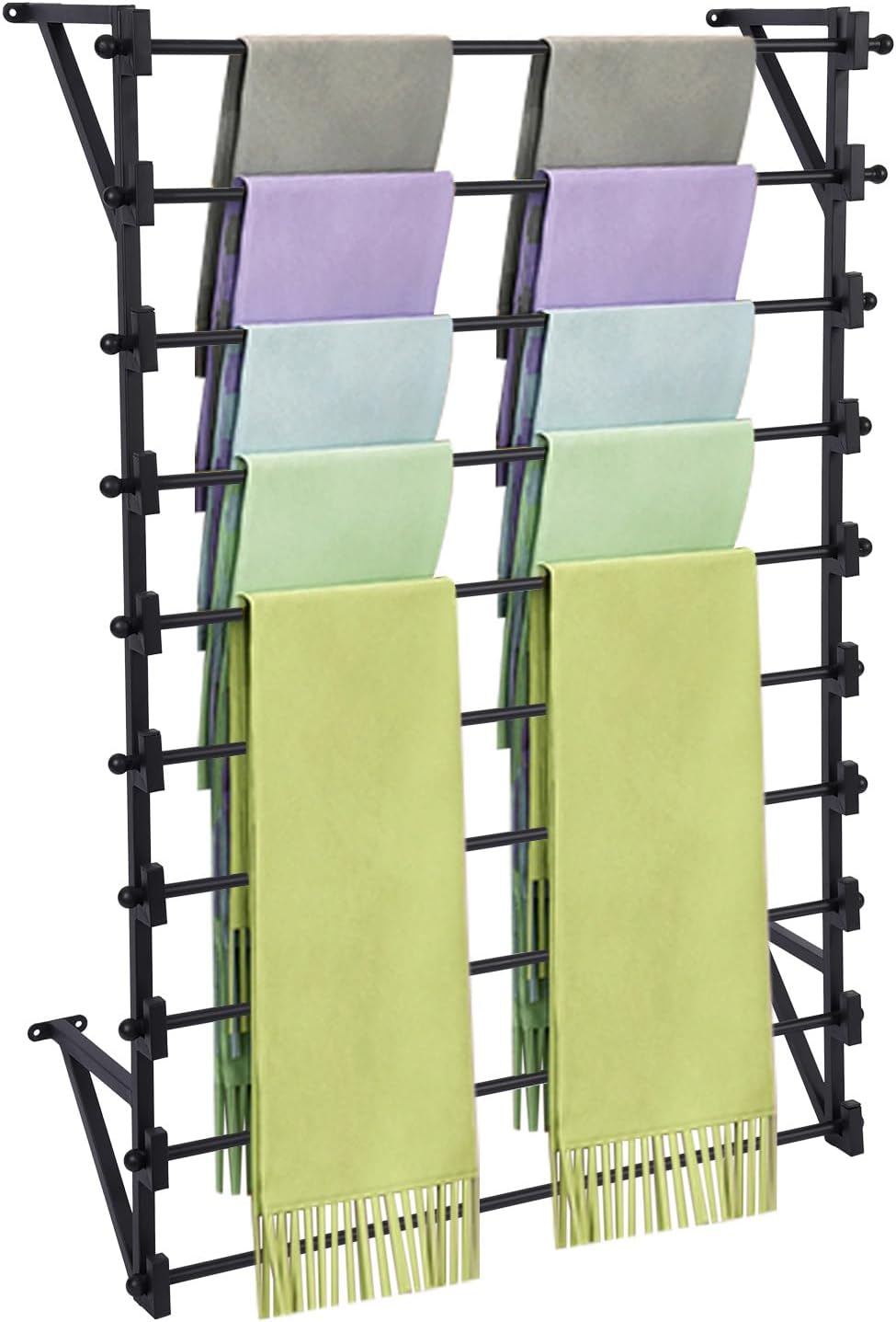 10 Layer Wall Mounted Scarf Rack, Hijab Organizer Ribbon Storage Rack, Metal Scarf Display Racks for Belts Scarves Ties Towel Wrapping Paper Holder for Home Retail Store Boutique