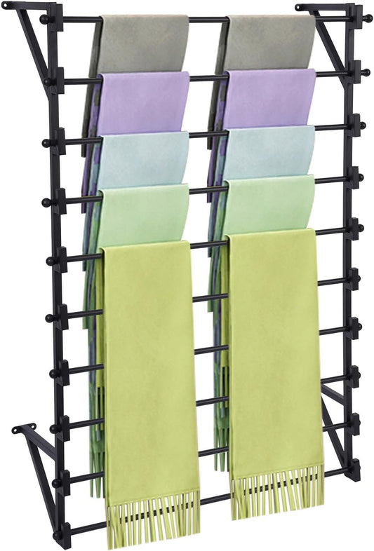 10 Layer Wall Mounted Scarf Rack, Hijab Organizer Ribbon Storage Rack, Metal Scarf Display Racks for Belts Scarves Ties Towel Wrapping Paper Holder for Home Retail Store Boutique