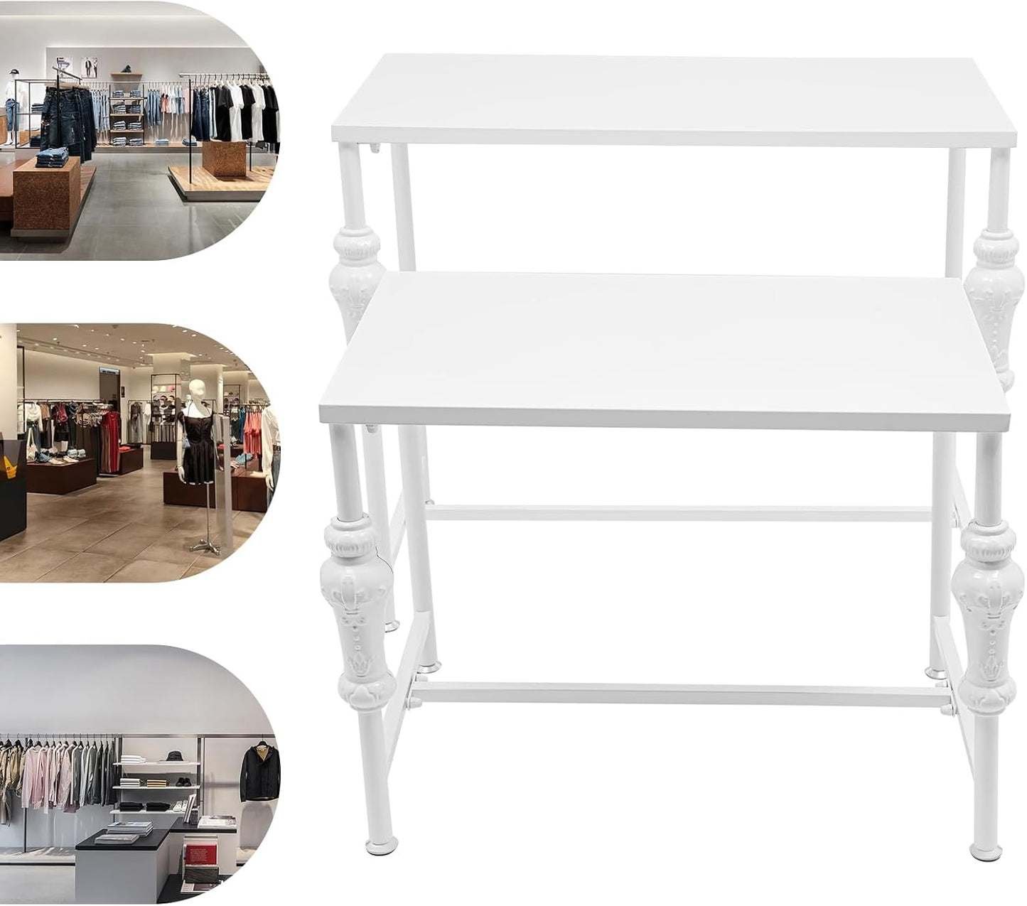 2Pcs Retail Display Tables, Shoe Handbag Display Stand Nesting Tables Set Heavy Duty Purse Display Risers for Home Boutique Retail Store (White)