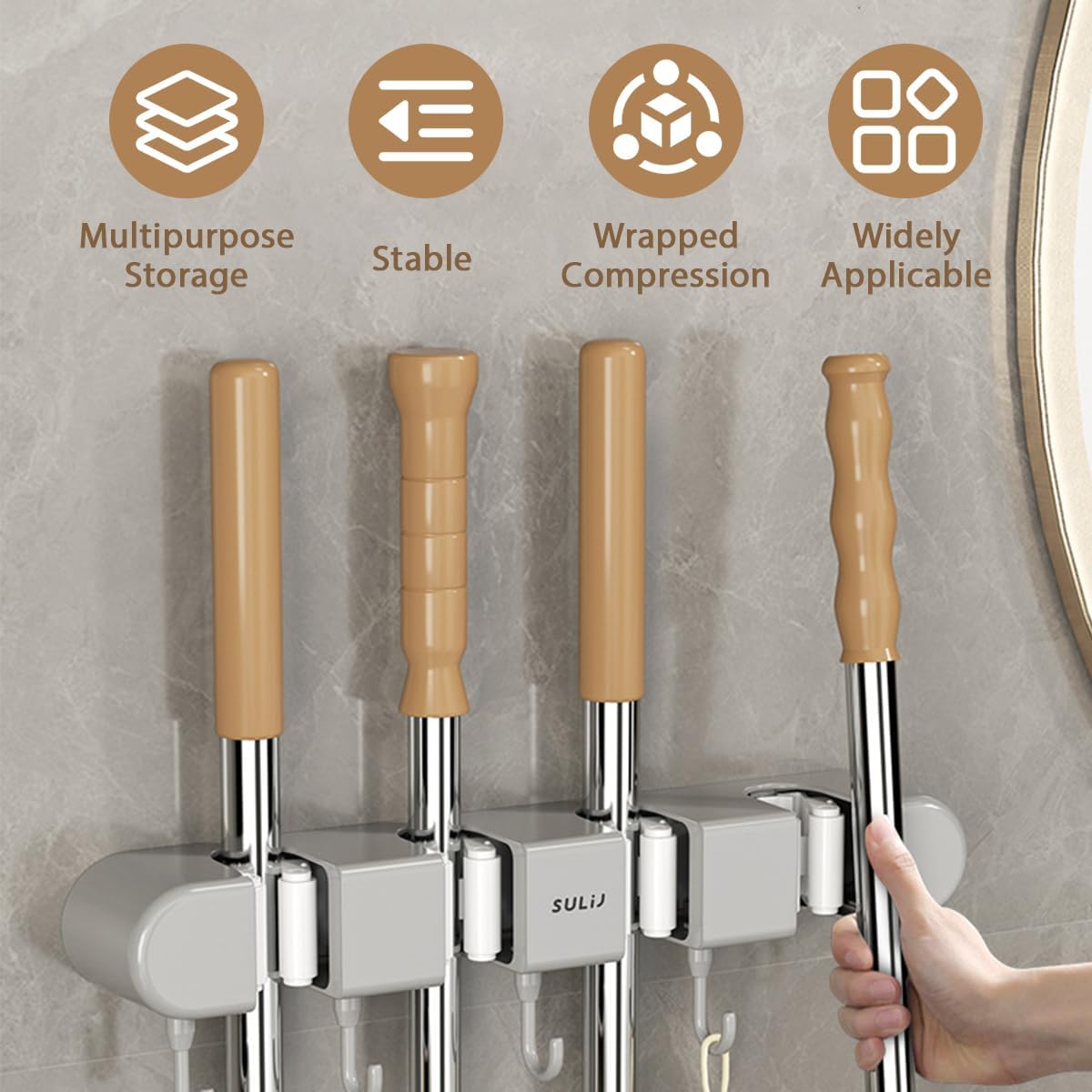 2Pcs Broom Holder Wall Mount, No-Drilling Self-Adhesive Mop and Broom Storage Rack (4 Racks with 5 Hooks),Wall-Mounted Broom Hanger for Bathroom, Kitchen, Closet, Garage, Grey