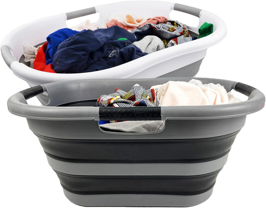 SAMMART 40L (10.5 Gallon) Collapsible Plastic Laundry Basket - Space Saving Storage Container/Organizer - Portable Washing Tub - Foldable Pop Up Hamper/Basket (2, Grey+ Black)