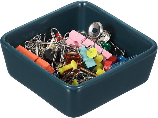 PATIKIL Square Paper Clip Holders, Ceramic Bowl Dish Clip Dispenser Organizer Desk Organizer Accessories for Office Desktop Decor Bobby Pin Binder Paper Clamp, Navy Blue