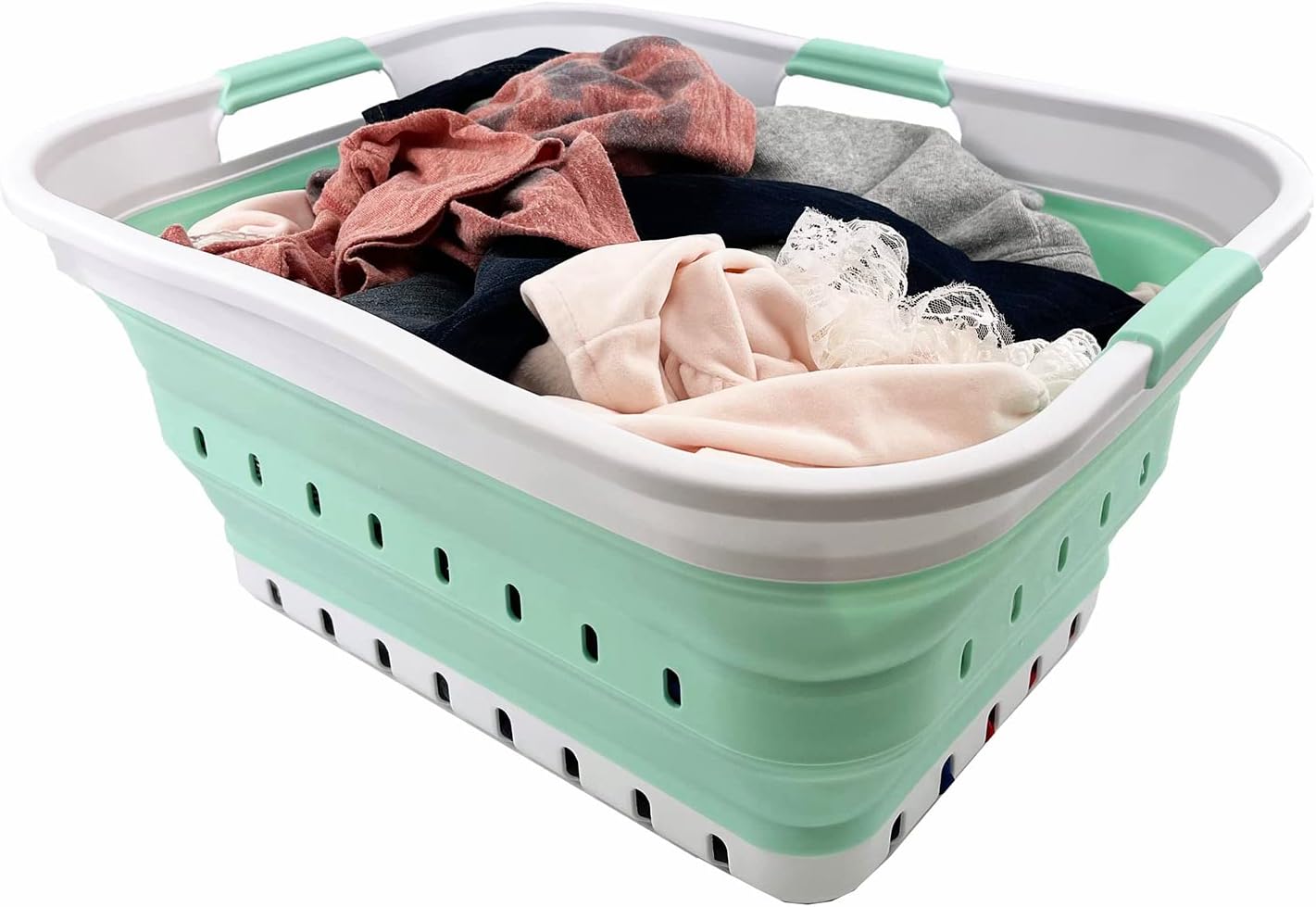 SAMMART 42L (11 gallon) Collapsible Plastic Laundry Basket - Foldable Pop Up Storage Container/Organizer - Portable Washing Tub - Space Saving Hamper/Basket (White/Pale Jade)