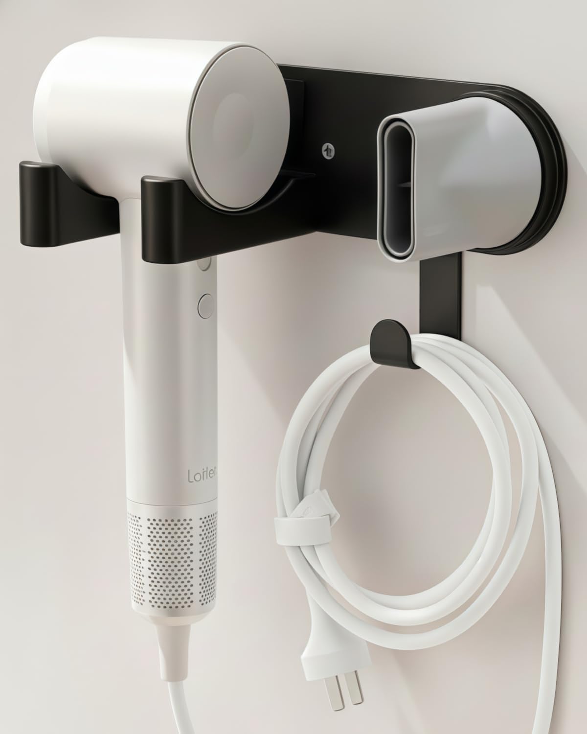 Hair Dryer Holder Wall Mounted, Hair Dryer Organizer Self Adhesive Compatible with Dyson Blow Dryer Holder Aluminum BlowDryer Holder Wall Mounted for Bathroom Black