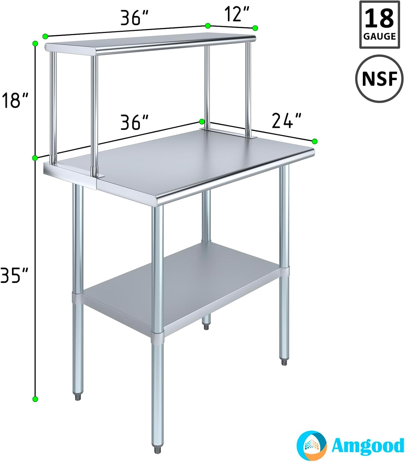 Stainless Steel Work Table with Wide Single Tier Overshelf | Metal Kitchen Prep Table & Shelving Combo (24" x 36" Work Table + 12" Overshelf)