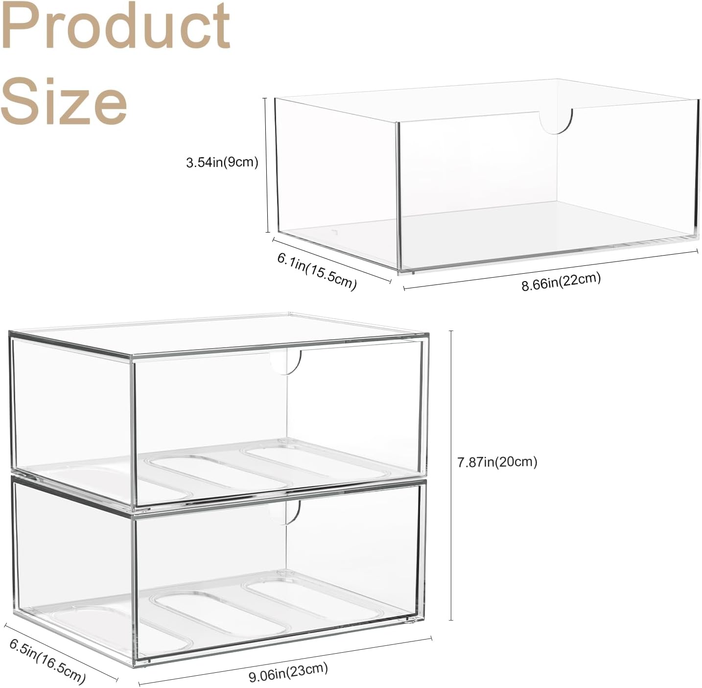 Clear Stackable Storage Drawers, 2 Pack Acrylic Makeup Organizers for Beauty Supplies, Plastic Storage Bins for Bathroom Vanity Countertop, Cabinet, Pantry, Kitchen Undersink, Desk Organization