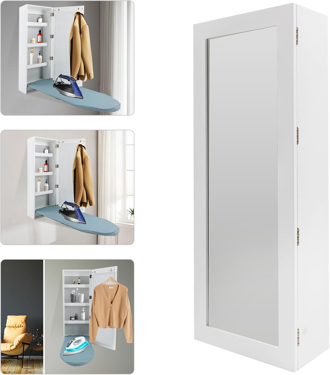 Wall Mounted Ironing Board with Storage Cabinet Built in Swivel Ironing Board with 3Tier Shelf & Dressing Mirror for Home Apartment & Small Spaces