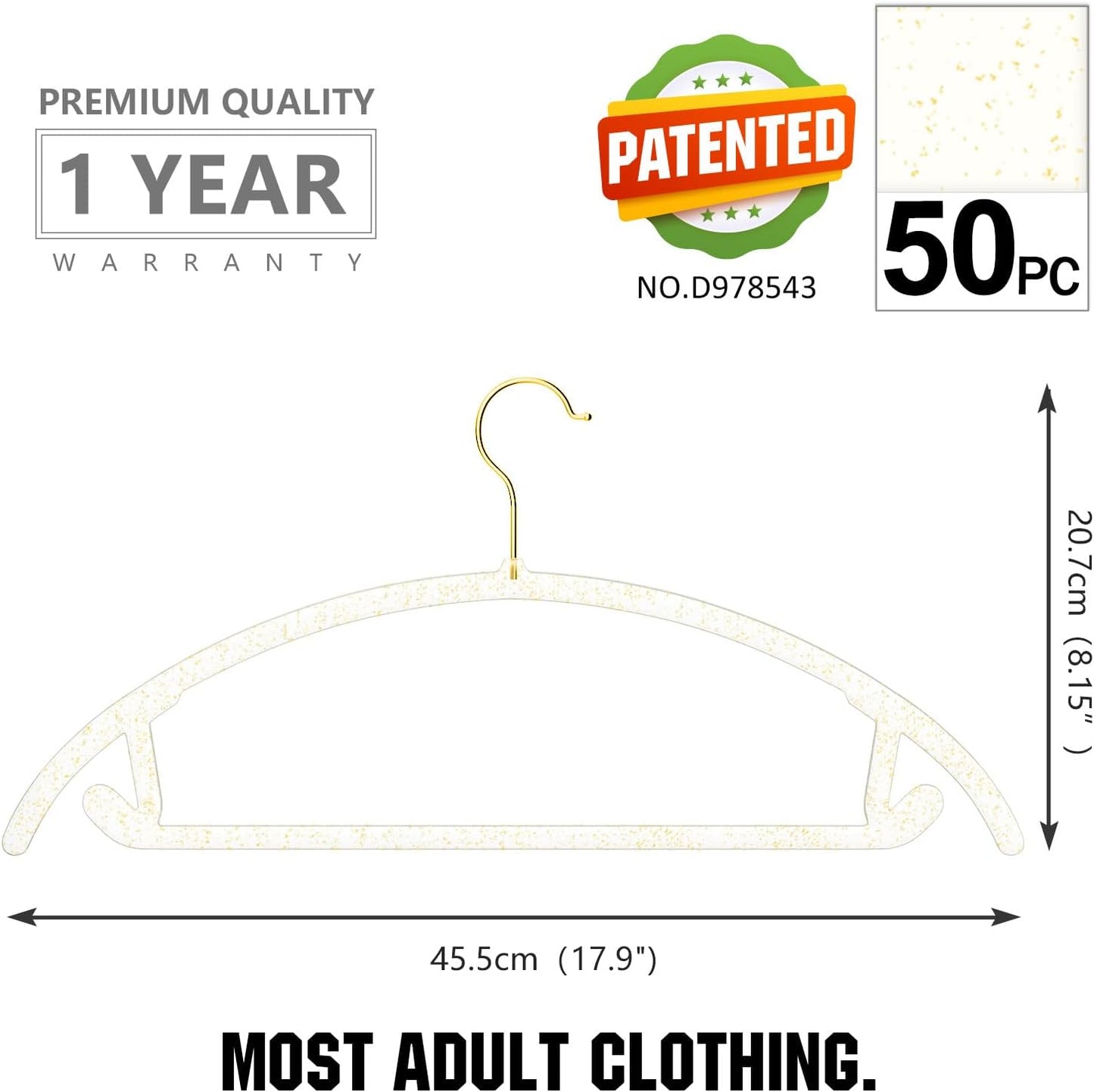 MIZGI Premium Clear Hangers with Gold Glitter (50-Pack) - Heavy-Duty Acrylic Suit Hangers with Gold Hooks - No Shoulder Bump Space Saving Clothes Hangers for Jackets, Coats, Dresses