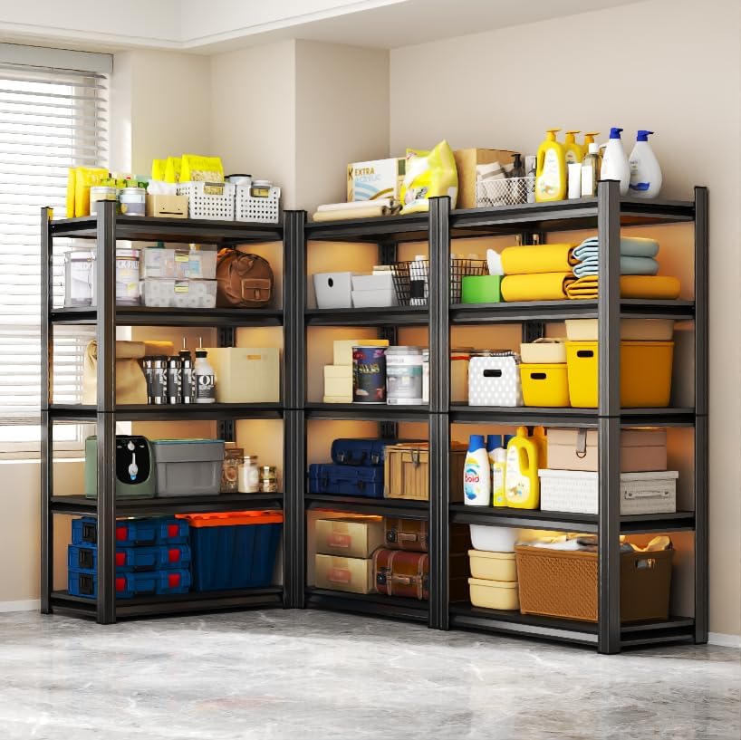 Storage Shelves, Garage Metal Shelving Unit, Adjustable, Double-Layer Column with Reinforced Ribs, Heavy-Duty, Capable of Bearing 600-3600 lbs (Black, 45''W*20''D*71''H, 5-Tier)