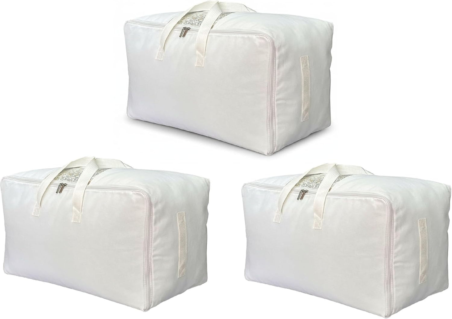 Soft Canvas Clothes Storage Bags with Four Carrying Handles and Clear Window, Closet Organizer for Clothing, Blankets Sheets Pillows and Bedding, 55L, 3 Pack, White