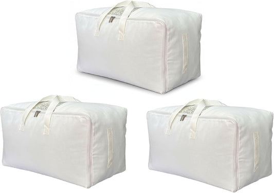 Soft Canvas Clothes Storage Bags with Four Carrying Handles and Clear Window, Closet Organizer for Clothing, Blankets Sheets Pillows and Bedding, 55L, 3 Pack, White