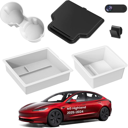 6PCS Center Console Organizer Tray for Tesla Model 3 Highland 2024 2025 Car Accessories with Armrest Storage Tray, Hidden Storage Box, Cup Holder Insert, Camera Privacy Cover, Glove Box Hook
