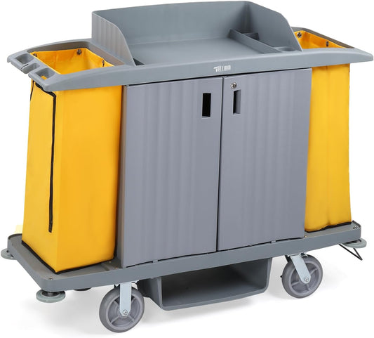 266LBS Premium Hotel & Housekeeping Cart with Door on Wheels, Multifunctional Commercial Cleaning Cart with Large Capacity Vingyl Bags, Comfor Grip Handles and Easy Move Casters, Gray