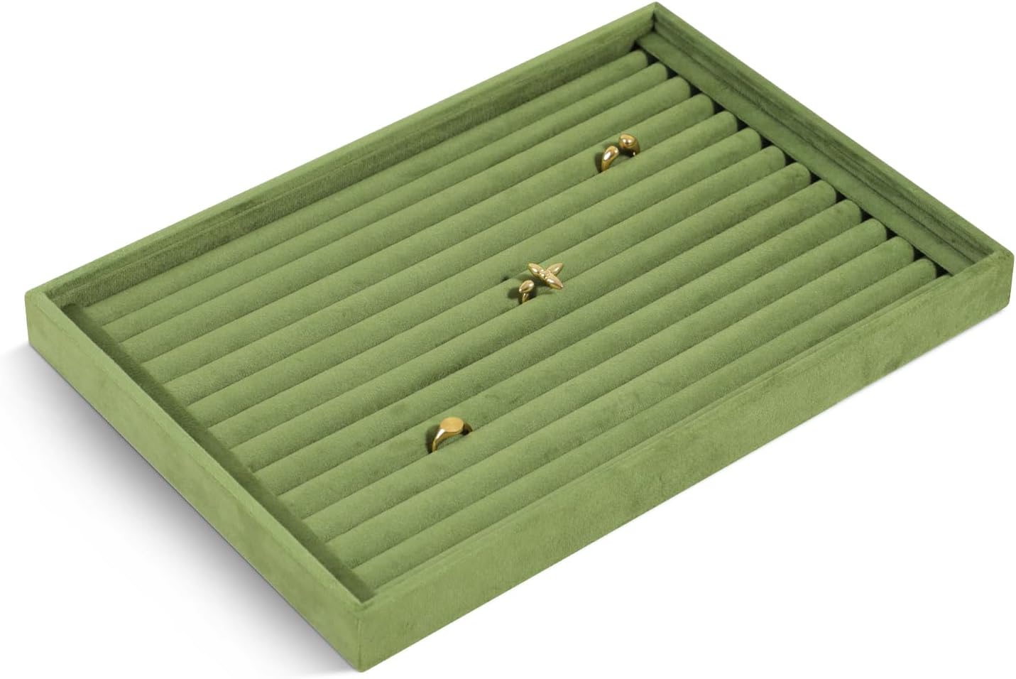 Velvet Ring Display Tray, Stackable Muilt Slot Rings Ear Stud Storage Tray, Drawer Insert Jewelry Accessories Organizers Plate (Olive Green)