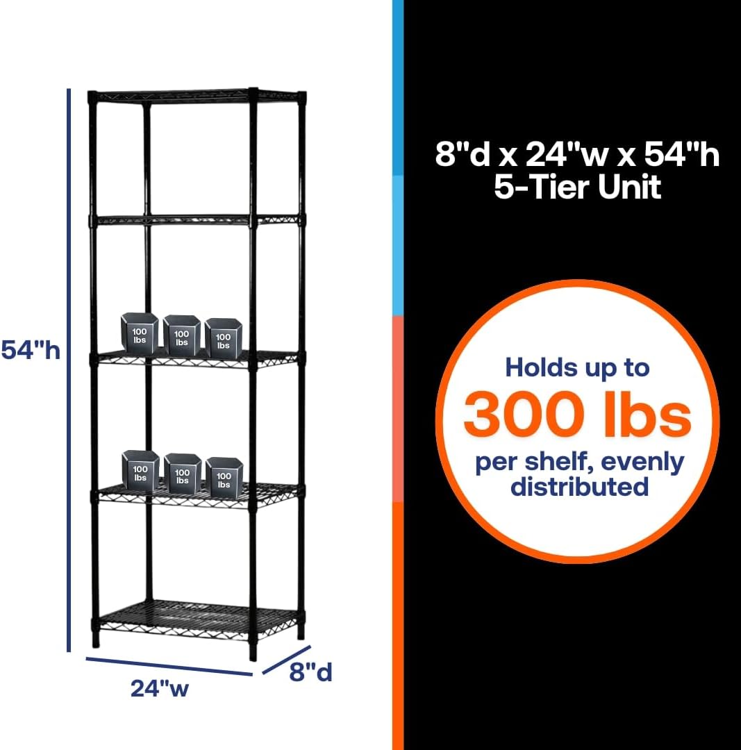 Shelving Inc. 8" d x 24" w x 54" h Black Wire Shelving with 5 Tier Shelves, Weight Capacity 300lbs Per Shelf