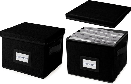 Greeting Card Organizer Box with 16 Dividers,Collapsible Greeting Card Storage Box with Handles Hold 150+ Cards,Greeting Card Holder for Greeting Cards,Sticker, Recipes, Photos, Envelopes,2-Pack