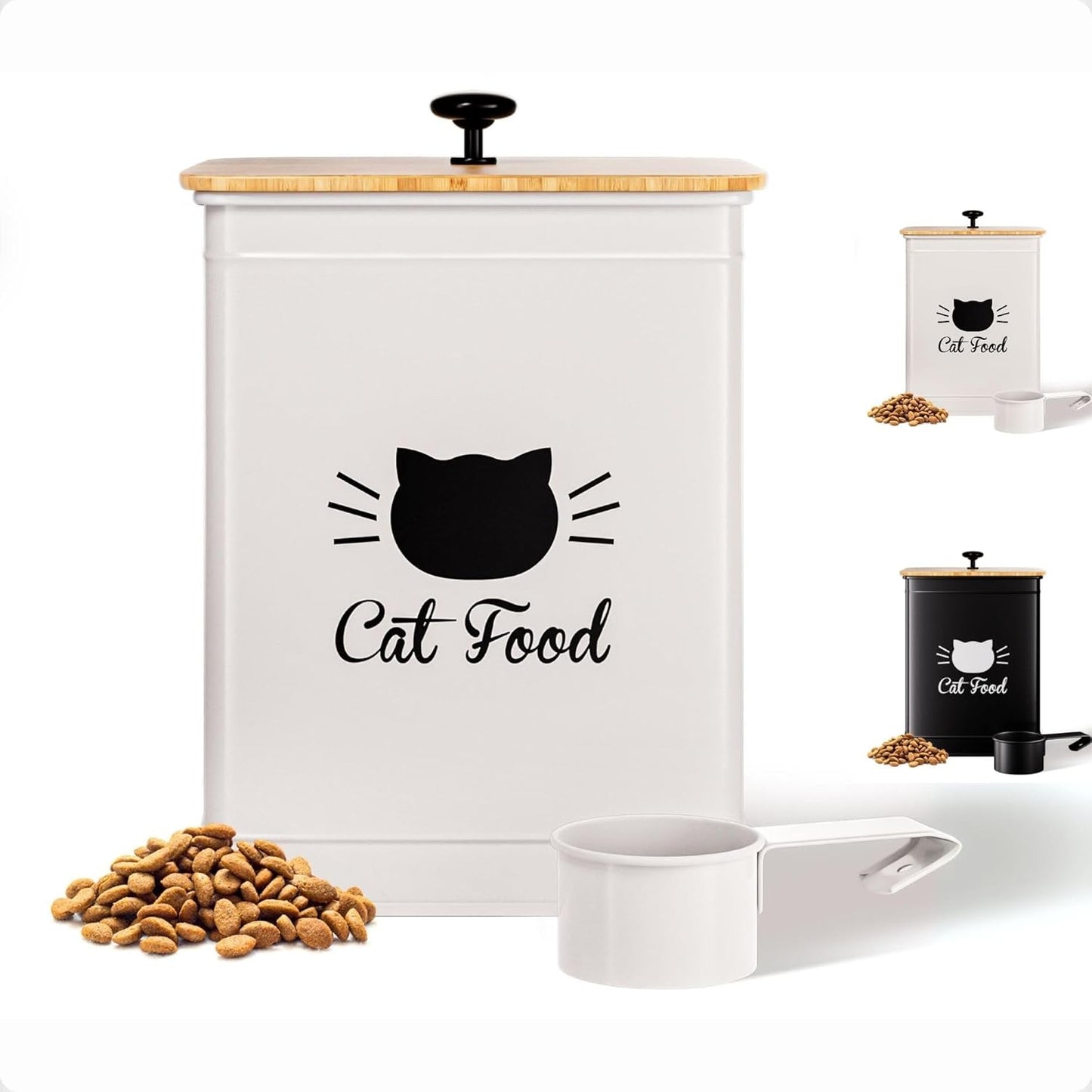 Cat Food Storage Container with Scoop - 5-7 lb (25 Cup) Capacity Metal Cat Food Container with Airtight Bamboo Lid and Metal Scoop - Airtight Pet Food Storage Containers 5 lb - 7 lb Kibble Container