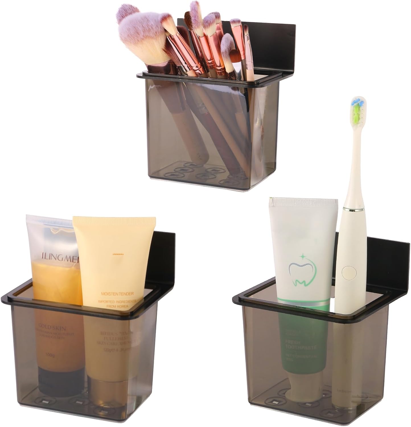Toothbrush Holder Toothpaste Holder with Wall Mounted Metal Frame & Plastic Black Bathroom Organizer with Tape for Bathroom Toothbrush Toothpaste Floss Makeup Brush Razor - one Pack