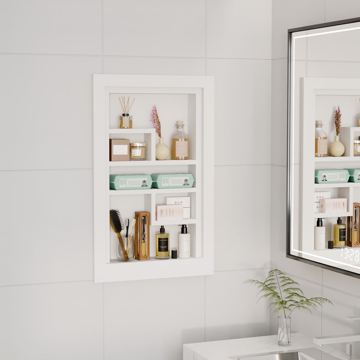 Solid Wood 14 X 24 Recessed Medicine Cabinet,3-Tier, Medicine Cabinet Organizer,Wall Niche, Bathroom Wall Cabinet, Recessed Bathroom Cabinet, Bathroom Cabinet with Storage White