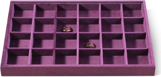 Velvet Stackable Jewelry Display Tray, 24 Grid Earring Ring Storage Tray, Drawer Divider Jewelry Accessories Organizer Plate (Purple)