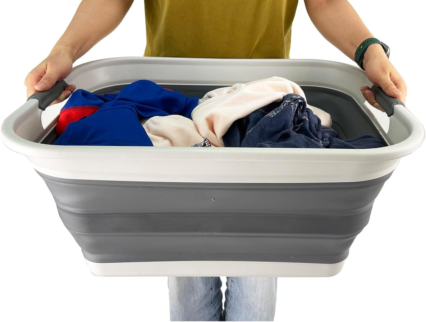 SAMMART 42L (11 Gallon) Collapsible Plastic Laundry Basket - Foldable Pop Up Storage Container/Organizer - Portable Washing Tub - Space Saving Hamper/Basket (1, Grey/Steel Grey)