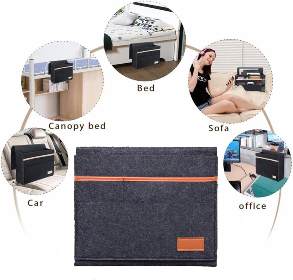 Bedside Caddy for Dorm and Bed Storage - Black Felt Organizer with 5 Pockets for Book, Phone, Tablet, iPad and Remote Holder