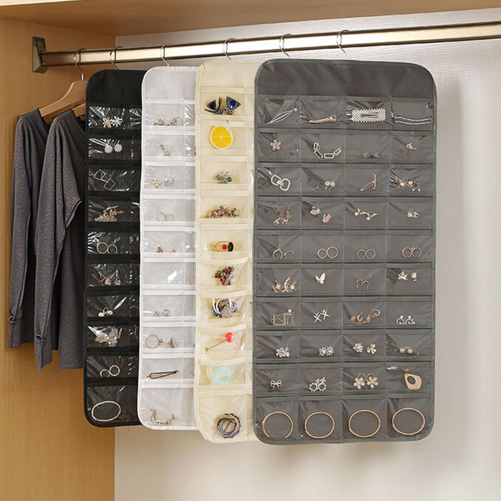 3PCS Hanging Jewelry Organizer with 80 Pocket Double-Sided Jewelry Holder Storage Wall Door Closet Accessories Organizer for Earrings, Necklaces, Rings (Black)